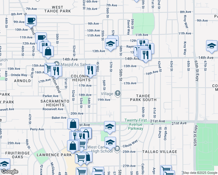 map of restaurants, bars, coffee shops, grocery stores, and more near 4115 57th Street in Sacramento
