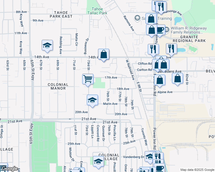 map of restaurants, bars, coffee shops, grocery stores, and more near 4230 76th Street in Sacramento