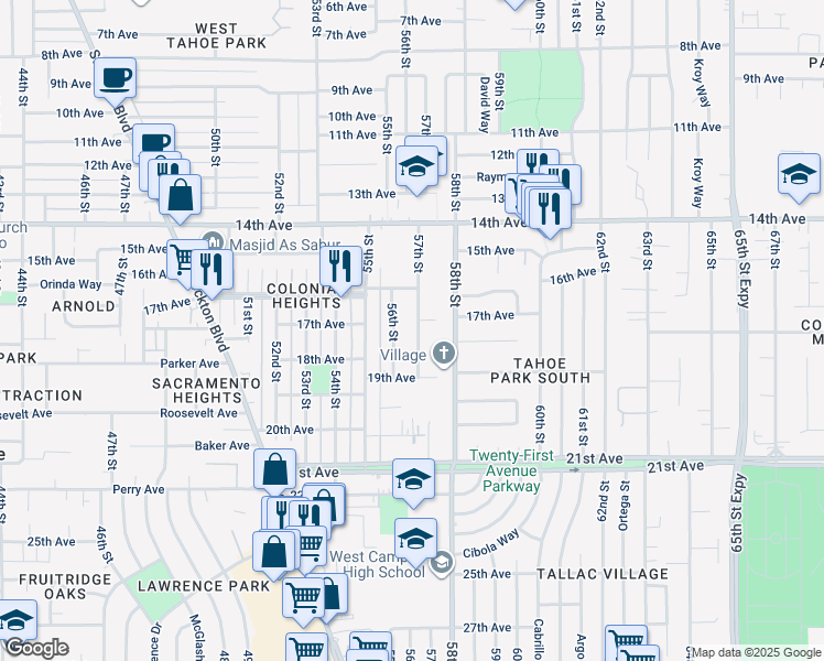 map of restaurants, bars, coffee shops, grocery stores, and more near 4115 57th Street in Sacramento