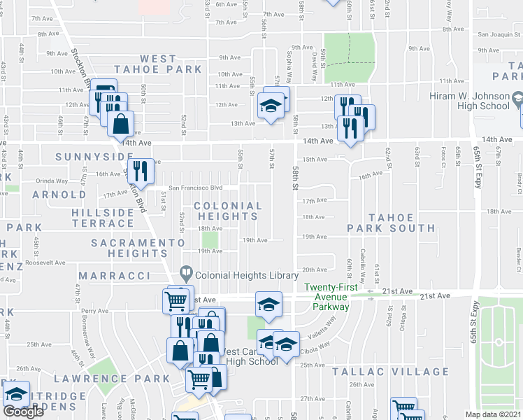 map of restaurants, bars, coffee shops, grocery stores, and more near 4115 57th Street in Sacramento
