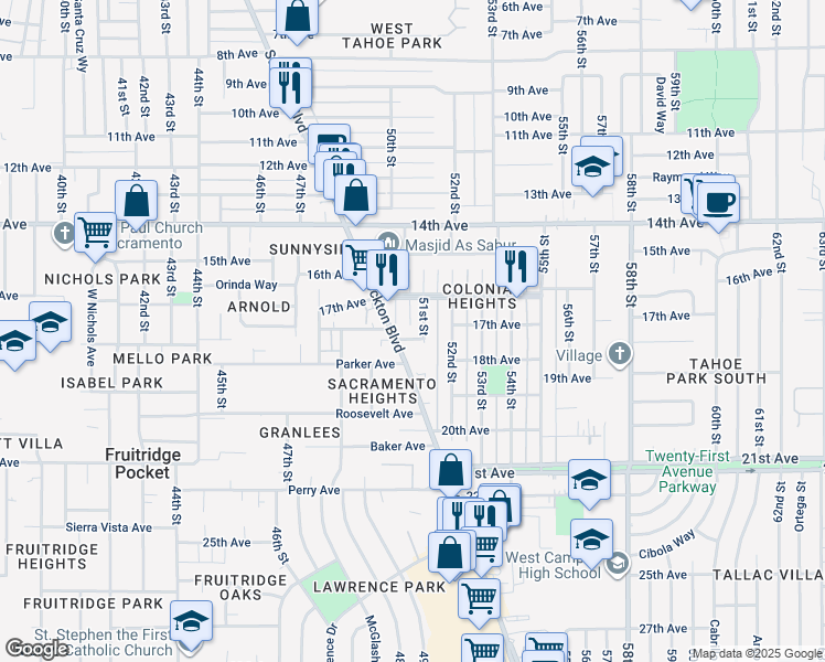 map of restaurants, bars, coffee shops, grocery stores, and more near 4131 50th Street in Sacramento