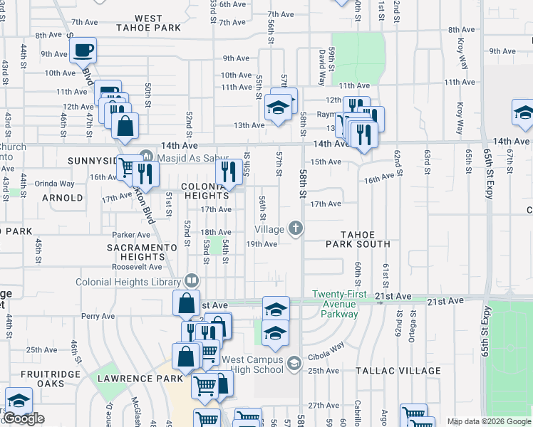 map of restaurants, bars, coffee shops, grocery stores, and more near 4201 56th Street in Sacramento