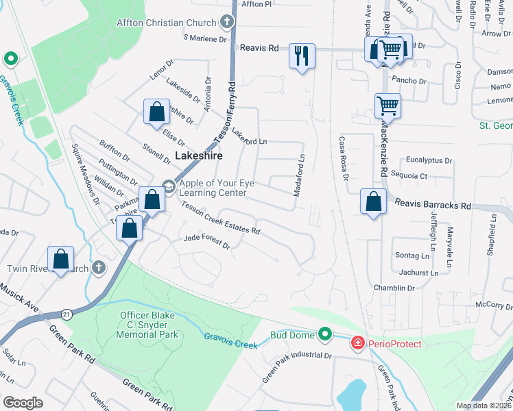 map of restaurants, bars, coffee shops, grocery stores, and more near 9839 Madaford Lane in Affton