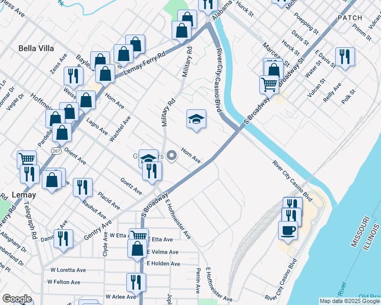 map of restaurants, bars, coffee shops, grocery stores, and more near 121 Horn Avenue in St. Louis