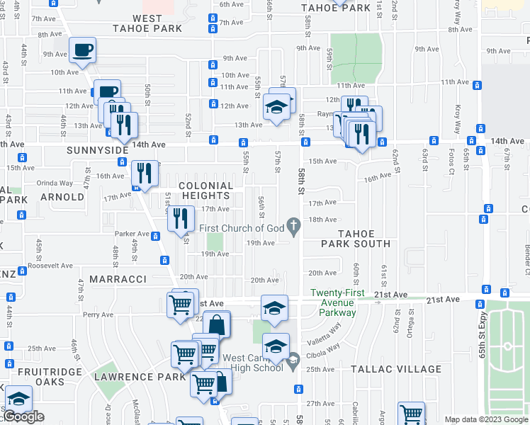 map of restaurants, bars, coffee shops, grocery stores, and more near 4201 56th Street in Sacramento