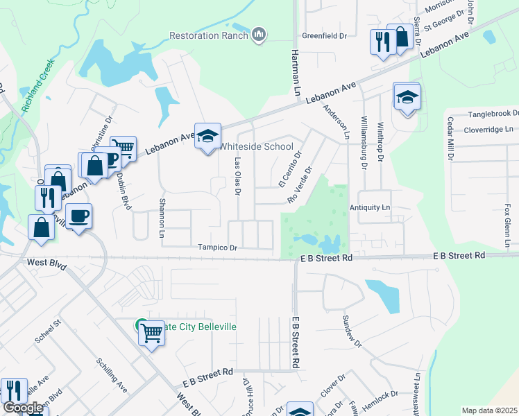 map of restaurants, bars, coffee shops, grocery stores, and more near 208 Rio Verde Drive in Belleville