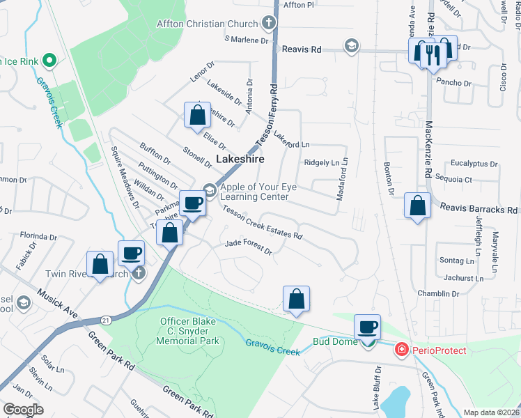map of restaurants, bars, coffee shops, grocery stores, and more near 104 Rachel Carol Court in Affton