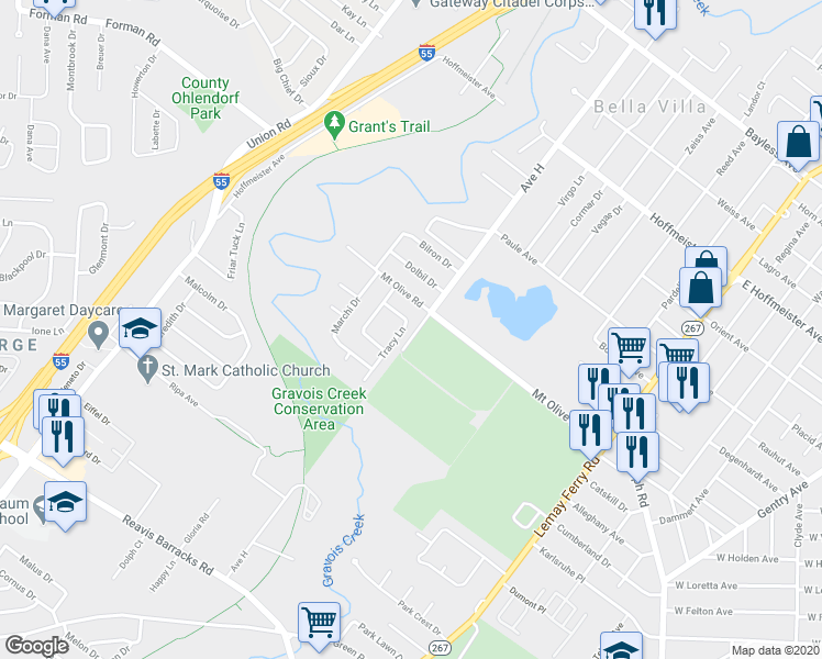 map of restaurants, bars, coffee shops, grocery stores, and more near 1220 Tracy Lane in St. Louis