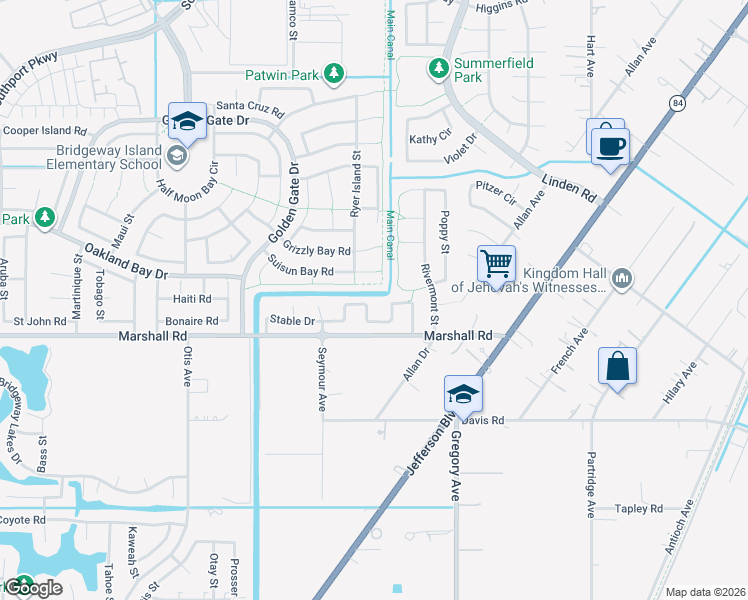 map of restaurants, bars, coffee shops, grocery stores, and more near 3042 Stable Drive in West Sacramento