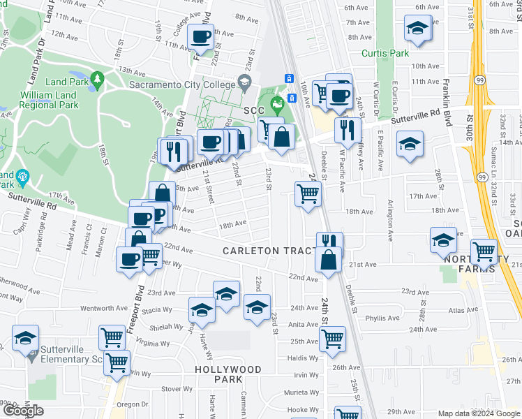 map of restaurants, bars, coffee shops, grocery stores, and more near 2225 18th Avenue in Sacramento