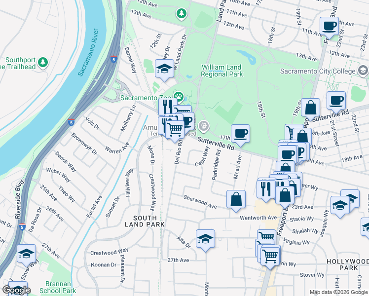 map of restaurants, bars, coffee shops, grocery stores, and more near 4421 Del Rio Road in Sacramento