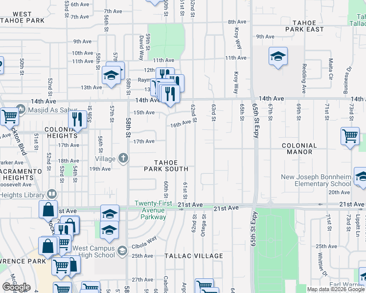 map of restaurants, bars, coffee shops, grocery stores, and more near 4228 61st Street in Sacramento