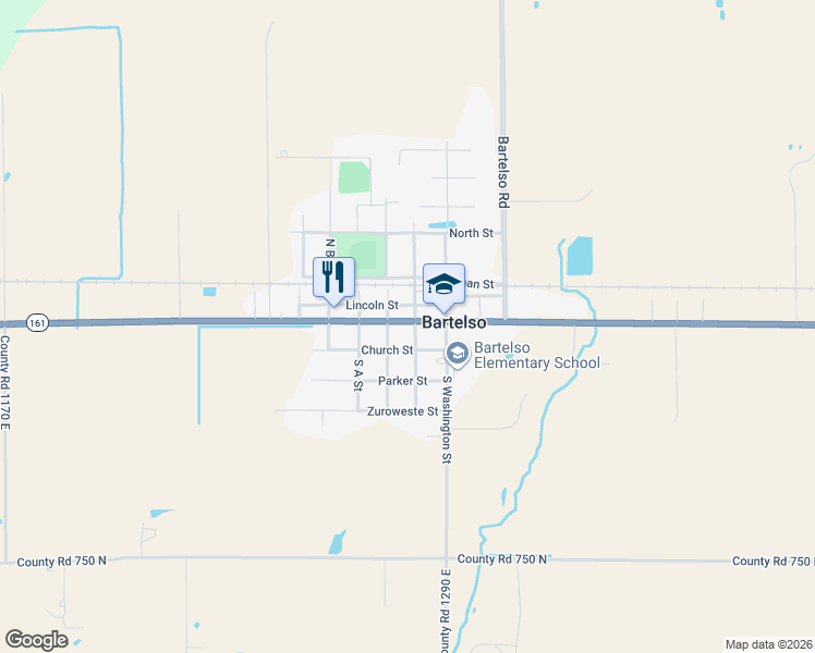 map of restaurants, bars, coffee shops, grocery stores, and more near 202 South Clinton Street in Bartelso
