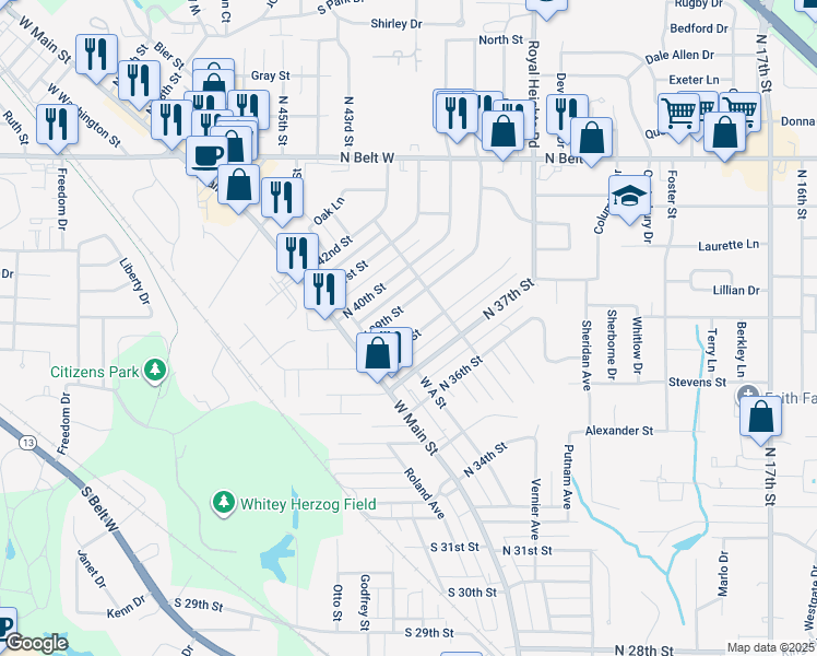 map of restaurants, bars, coffee shops, grocery stores, and more near 100 North 39th Street in Belleville