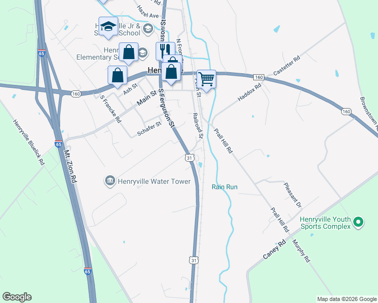 map of restaurants, bars, coffee shops, grocery stores, and more near 207 Railroad Street in Henryville