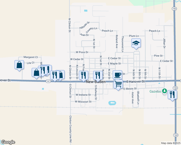 map of restaurants, bars, coffee shops, grocery stores, and more near 14 W Ash St in New Baden