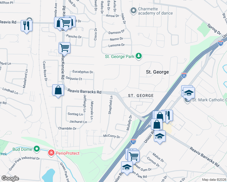 map of restaurants, bars, coffee shops, grocery stores, and more near 9163 Reavis Barracks Road in St. Louis