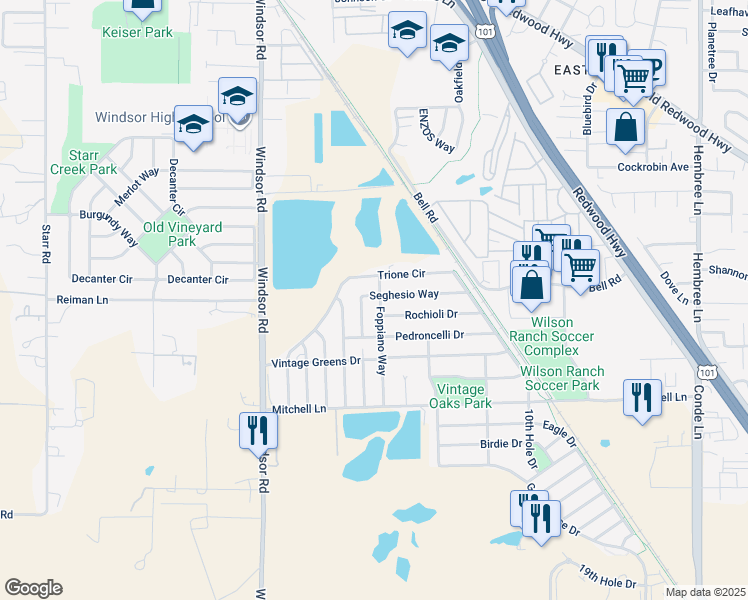 map of restaurants, bars, coffee shops, grocery stores, and more near 7811 Foppiano Way in Windsor