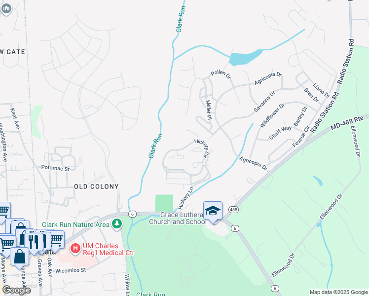map of restaurants, bars, coffee shops, grocery stores, and more near Hickory Circle in La Plata
