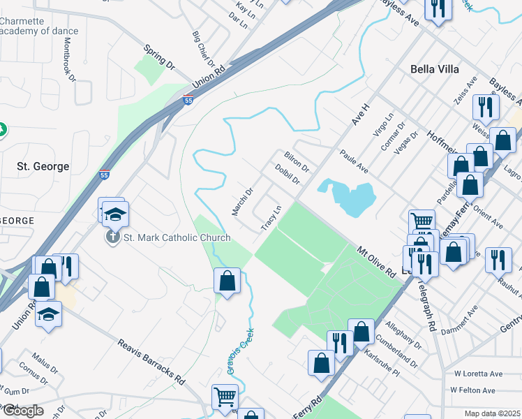 map of restaurants, bars, coffee shops, grocery stores, and more near 1242 Shannon County Drive in St. Louis