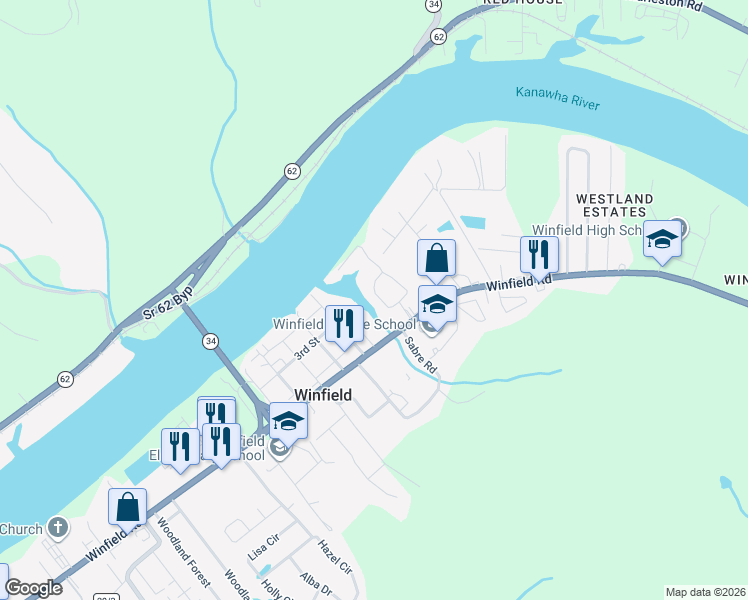 map of restaurants, bars, coffee shops, grocery stores, and more near 227 Woodbend Cove in Winfield