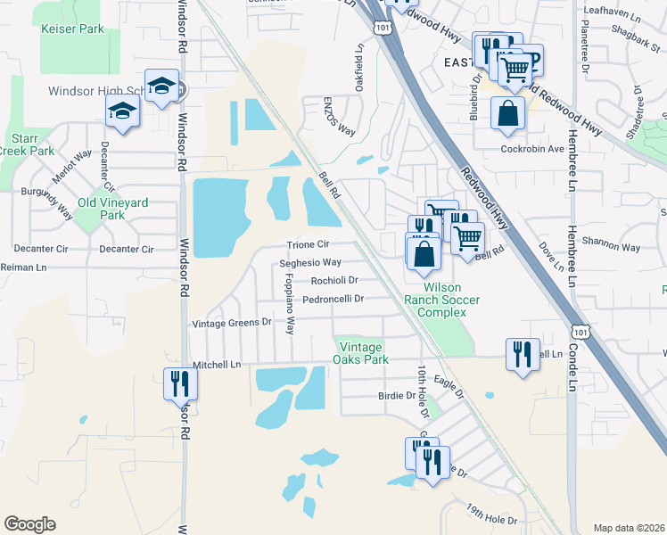 map of restaurants, bars, coffee shops, grocery stores, and more near 1193 SEGHESIO Way in Windsor
