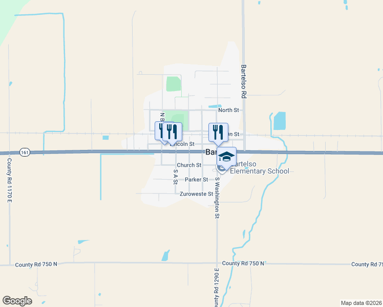 map of restaurants, bars, coffee shops, grocery stores, and more near 202 South Clinton Street in Bartelso