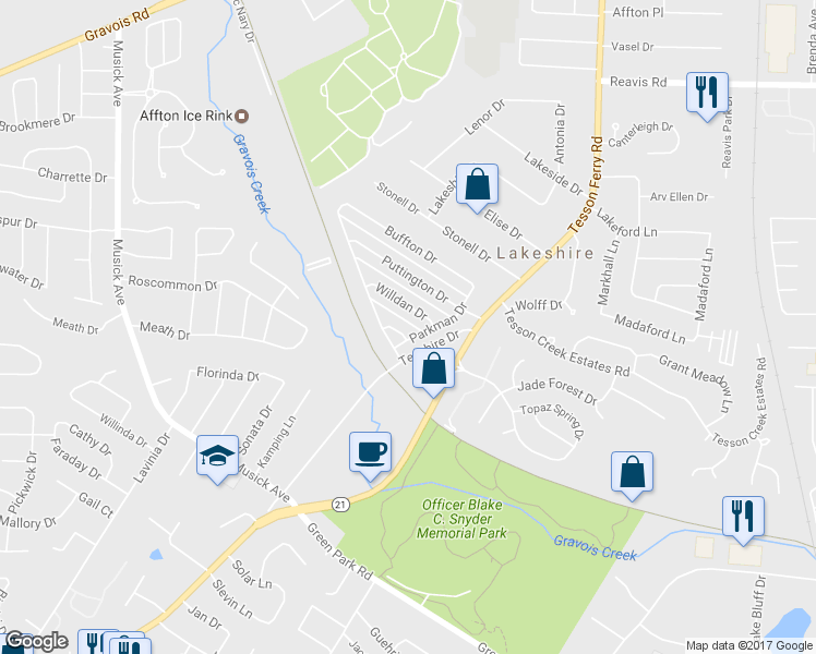 map of restaurants, bars, coffee shops, grocery stores, and more near 10009 Squire Meadows Drive in St. Louis