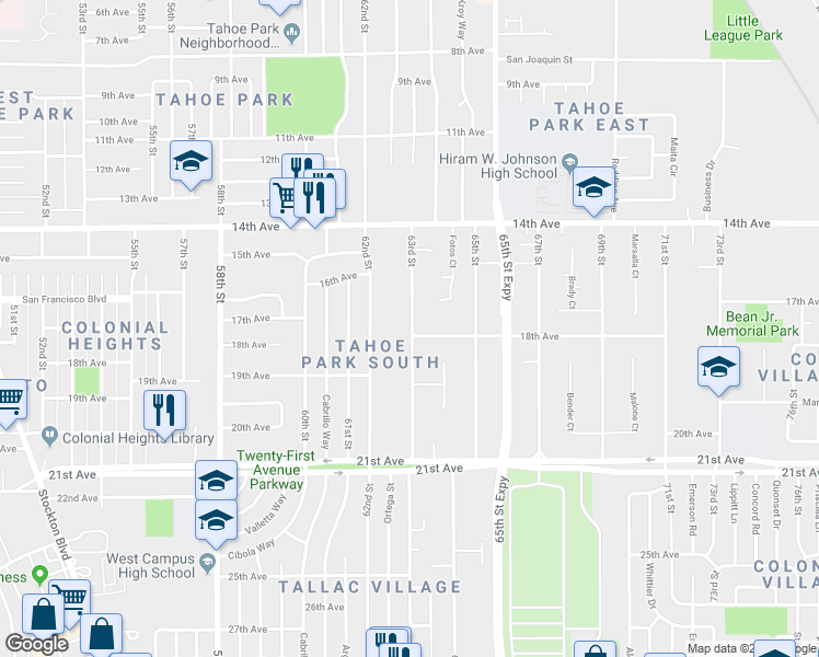 map of restaurants, bars, coffee shops, grocery stores, and more near 4274 63rd Street in Sacramento