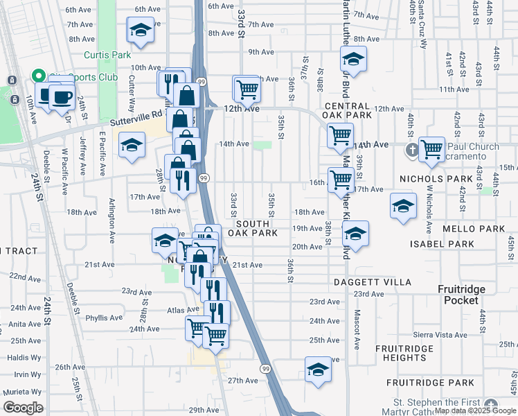 map of restaurants, bars, coffee shops, grocery stores, and more near 4217 34th Street in Sacramento