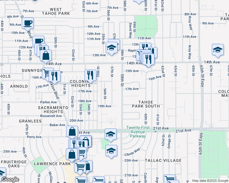 map of restaurants, bars, coffee shops, grocery stores, and more near 4115 57th Street in Sacramento