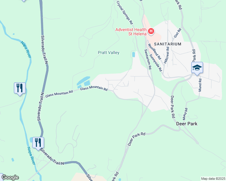 map of restaurants, bars, coffee shops, grocery stores, and more near 125 Glass Mountain Lane in St. Helena