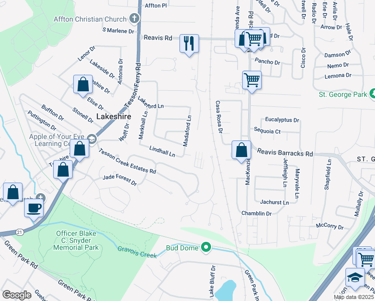 map of restaurants, bars, coffee shops, grocery stores, and more near 9972 Madaford Lane in Affton