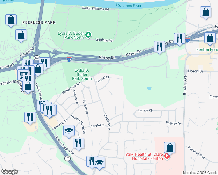 map of restaurants, bars, coffee shops, grocery stores, and more near 2021 Florianus Court in Fenton