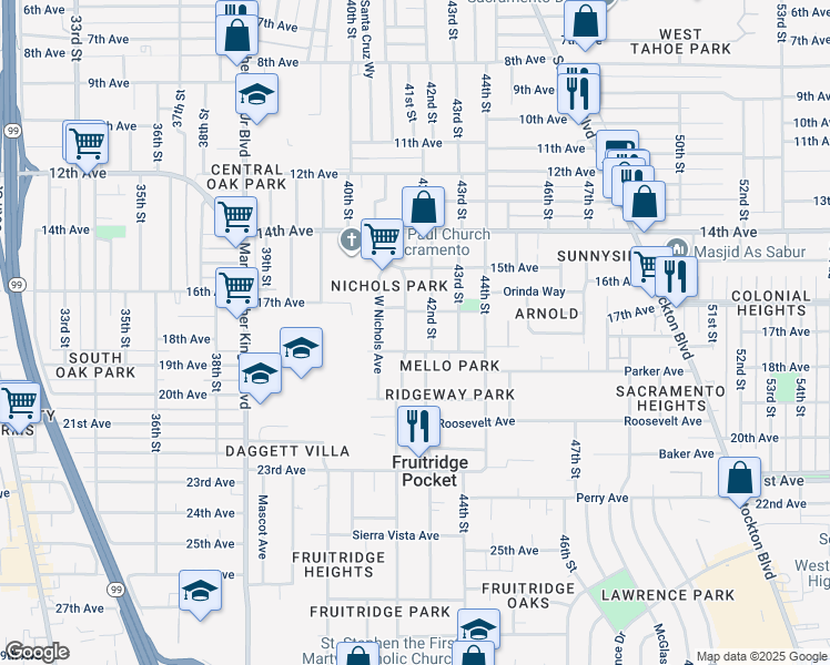 map of restaurants, bars, coffee shops, grocery stores, and more near 4132 42nd Street in Sacramento
