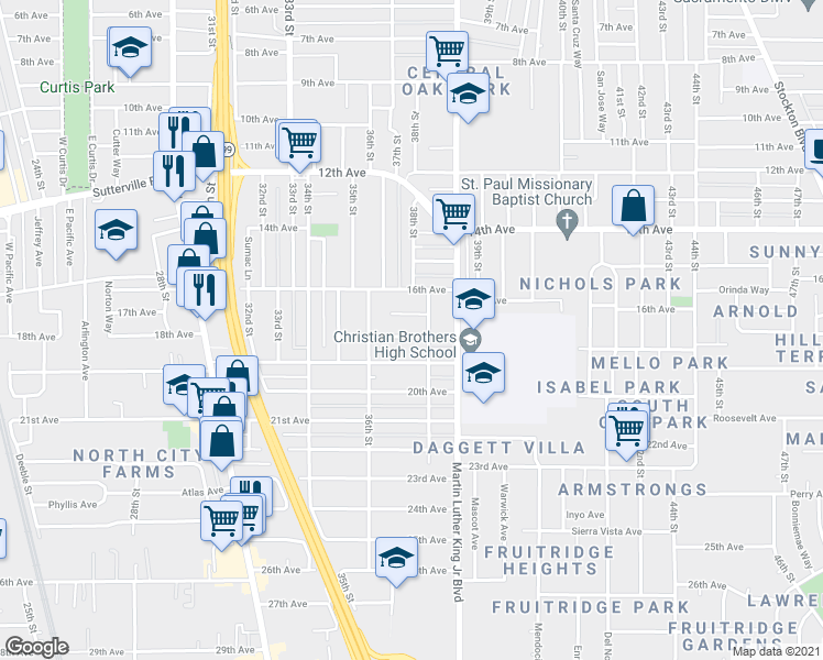 map of restaurants, bars, coffee shops, grocery stores, and more near 3700 17th Avenue in Sacramento