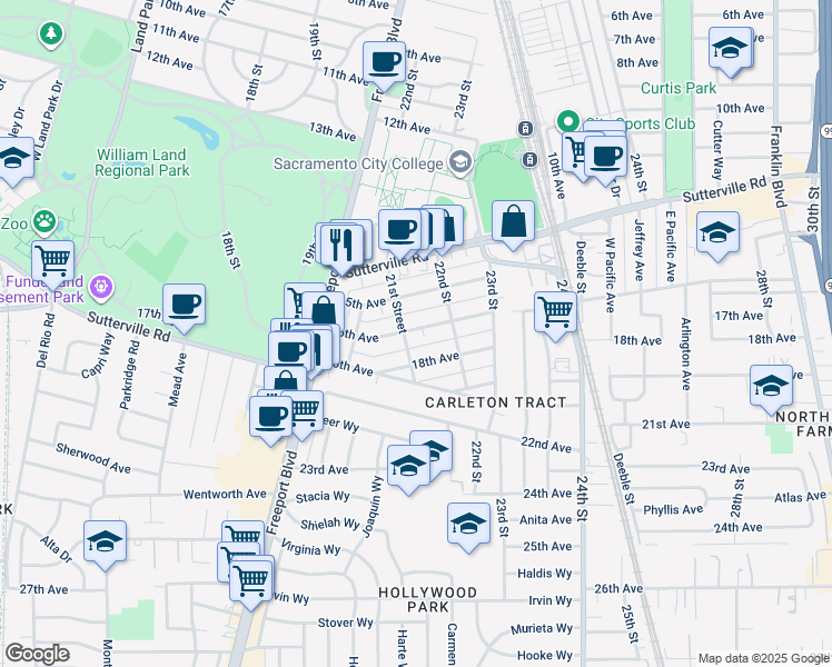 map of restaurants, bars, coffee shops, grocery stores, and more near 2111 16th Avenue in Sacramento