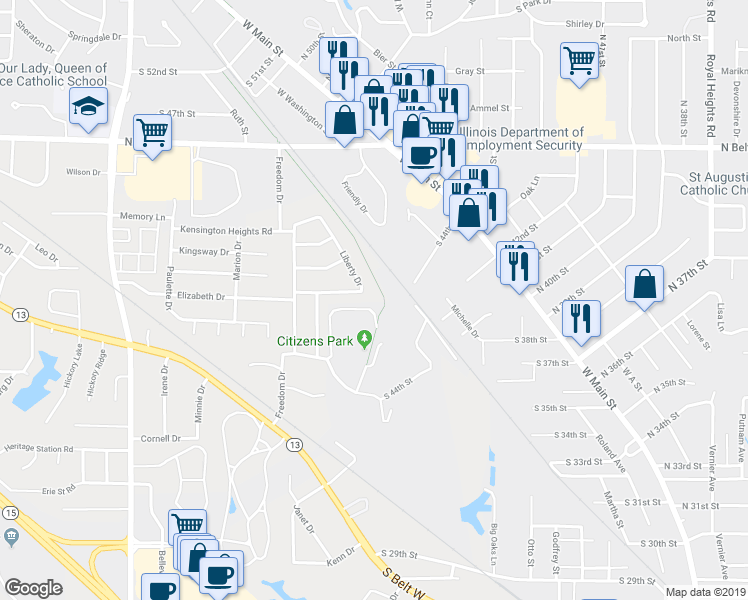 map of restaurants, bars, coffee shops, grocery stores, and more near 126 Liberty Drive in Belleville