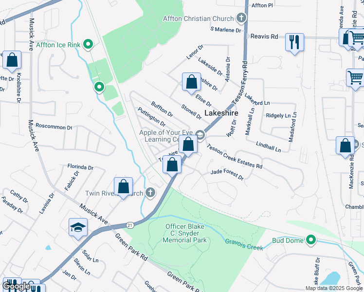 map of restaurants, bars, coffee shops, grocery stores, and more near 10003 Willdan Drive in St. Louis