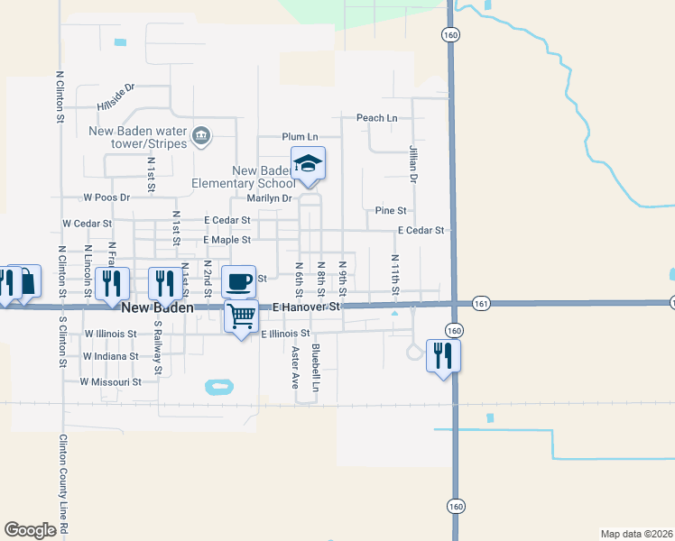 map of restaurants, bars, coffee shops, grocery stores, and more near 100 North 8th Street in New Baden