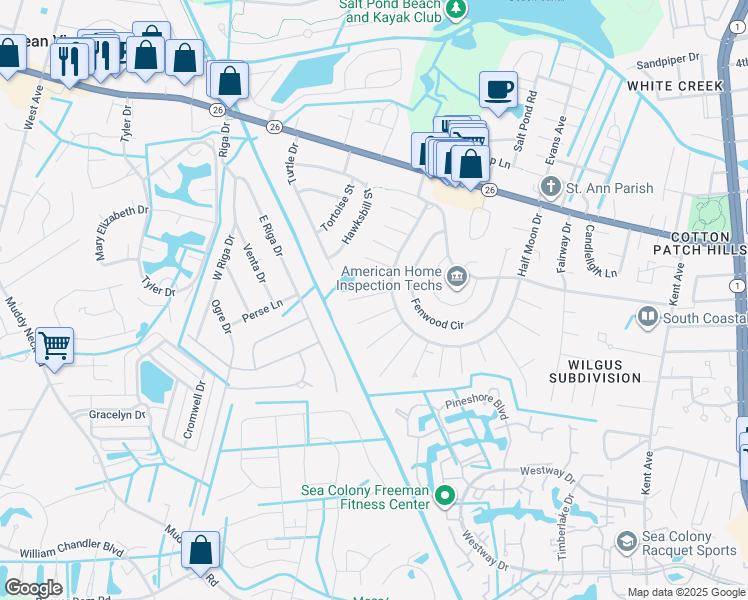 map of restaurants, bars, coffee shops, grocery stores, and more near 605 Poplar Court in Bethany Beach