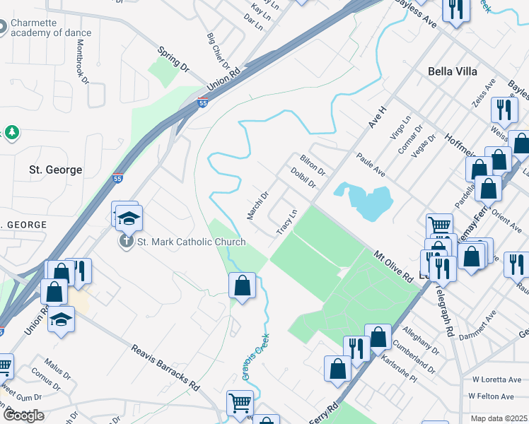 map of restaurants, bars, coffee shops, grocery stores, and more near 1242 Shannon County Drive in St. Louis