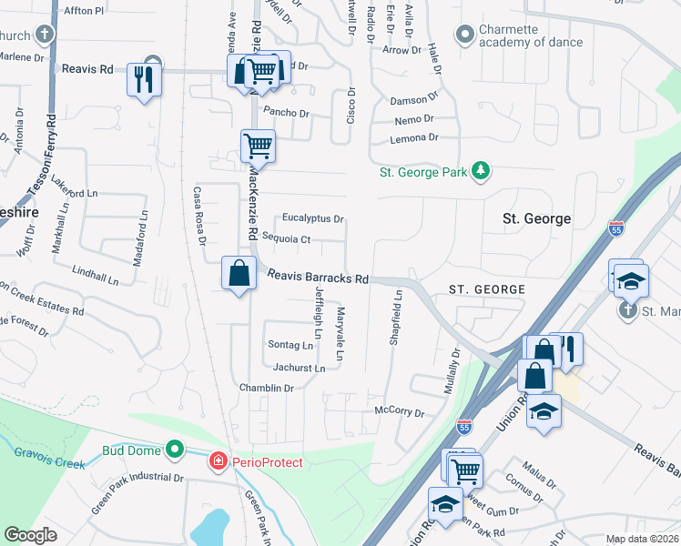 map of restaurants, bars, coffee shops, grocery stores, and more near 9401 Reavis Barracks Road in St. Louis