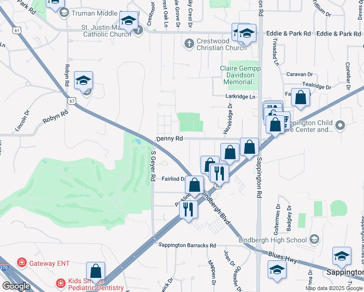 map of restaurants, bars, coffee shops, grocery stores, and more near 11816 Denny Road in St. Louis