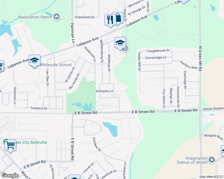 map of restaurants, bars, coffee shops, grocery stores, and more near 2421 Antiquity Lane in Belleville