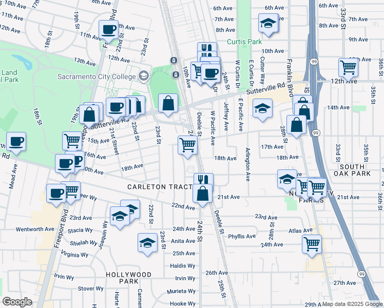 map of restaurants, bars, coffee shops, grocery stores, and more near 4262 24th Street in Sacramento