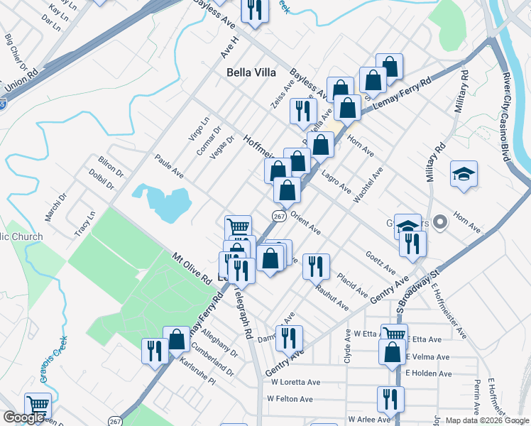 map of restaurants, bars, coffee shops, grocery stores, and more near 3615 Susan Avenue in St. Louis
