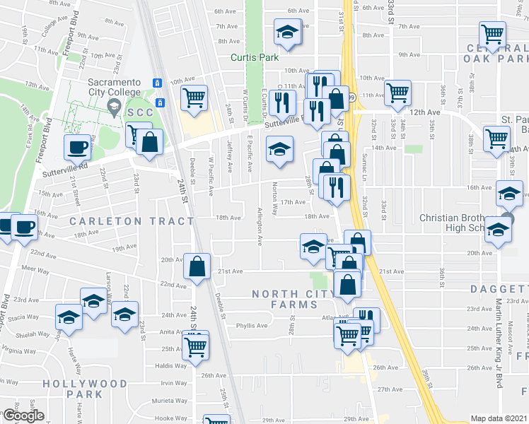 map of restaurants, bars, coffee shops, grocery stores, and more near 4213 Arlington Avenue in Sacramento