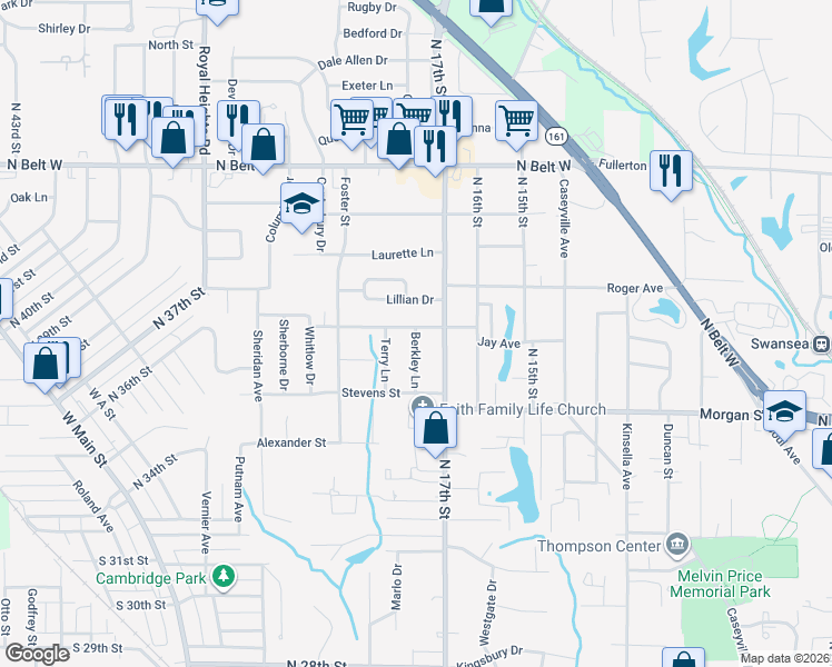 map of restaurants, bars, coffee shops, grocery stores, and more near 1616 Berkley Lane in Belleville