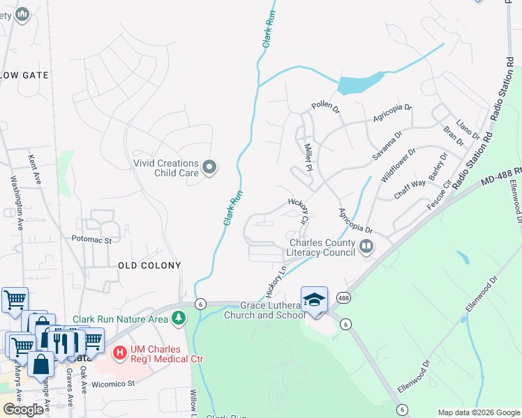 map of restaurants, bars, coffee shops, grocery stores, and more near 616 Hickory Circle in La Plata